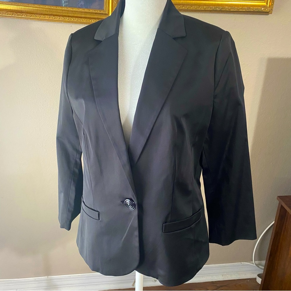 Black MNG By Mango Women's SZ Large Satin Blazer Lined One Button Tailored Fit